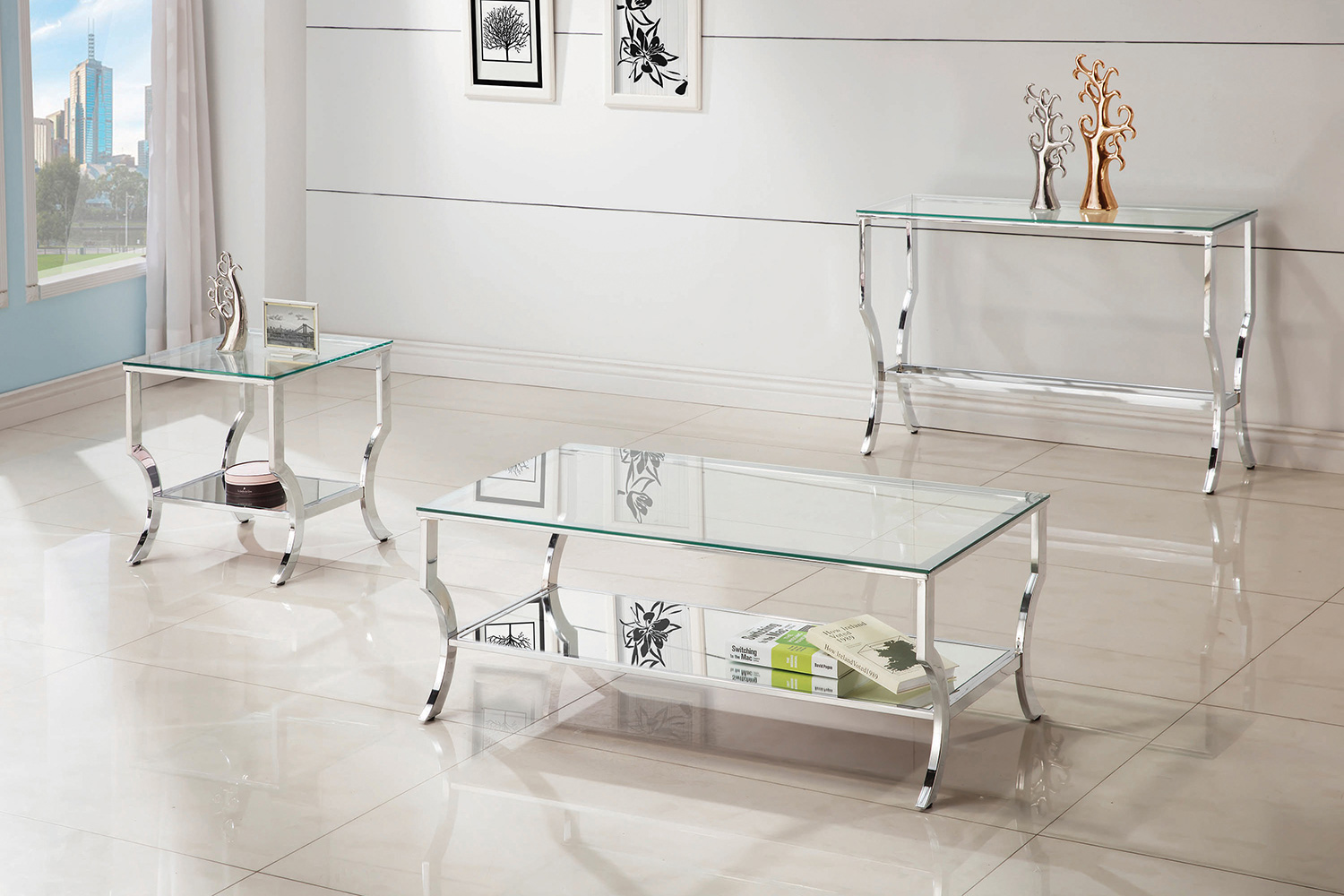 Coaster - Square End Table With Mirrored Shelf in Chrome