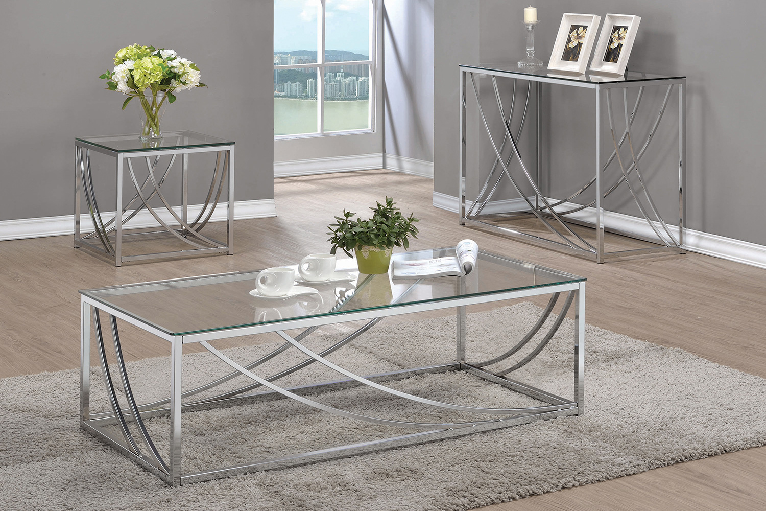 Coaster - Glass Top Rectangular Sofa Table Accents in Chrome