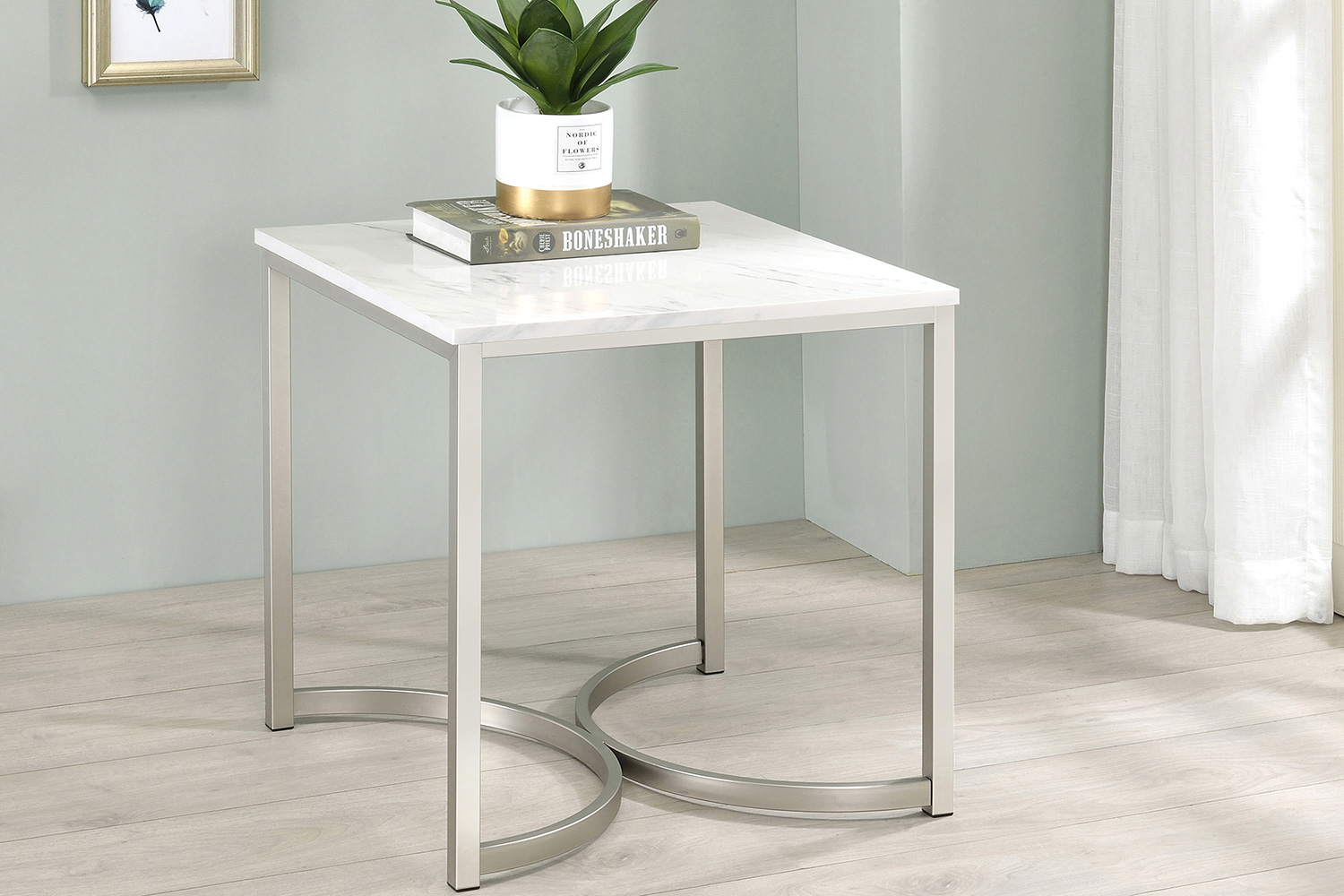 Coaster - Faux Marble Square End Table in White/Satin Nickel