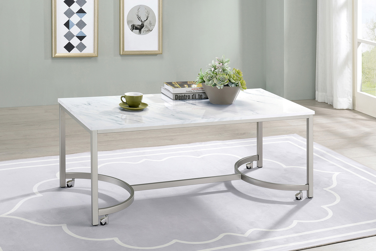 Coaster - Coffee Table With Casters in White/Satin Nickel