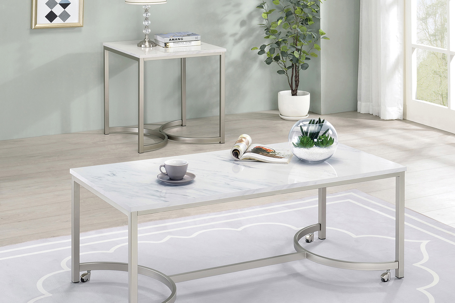 Coaster - Coffee Table With Casters in White/Satin Nickel