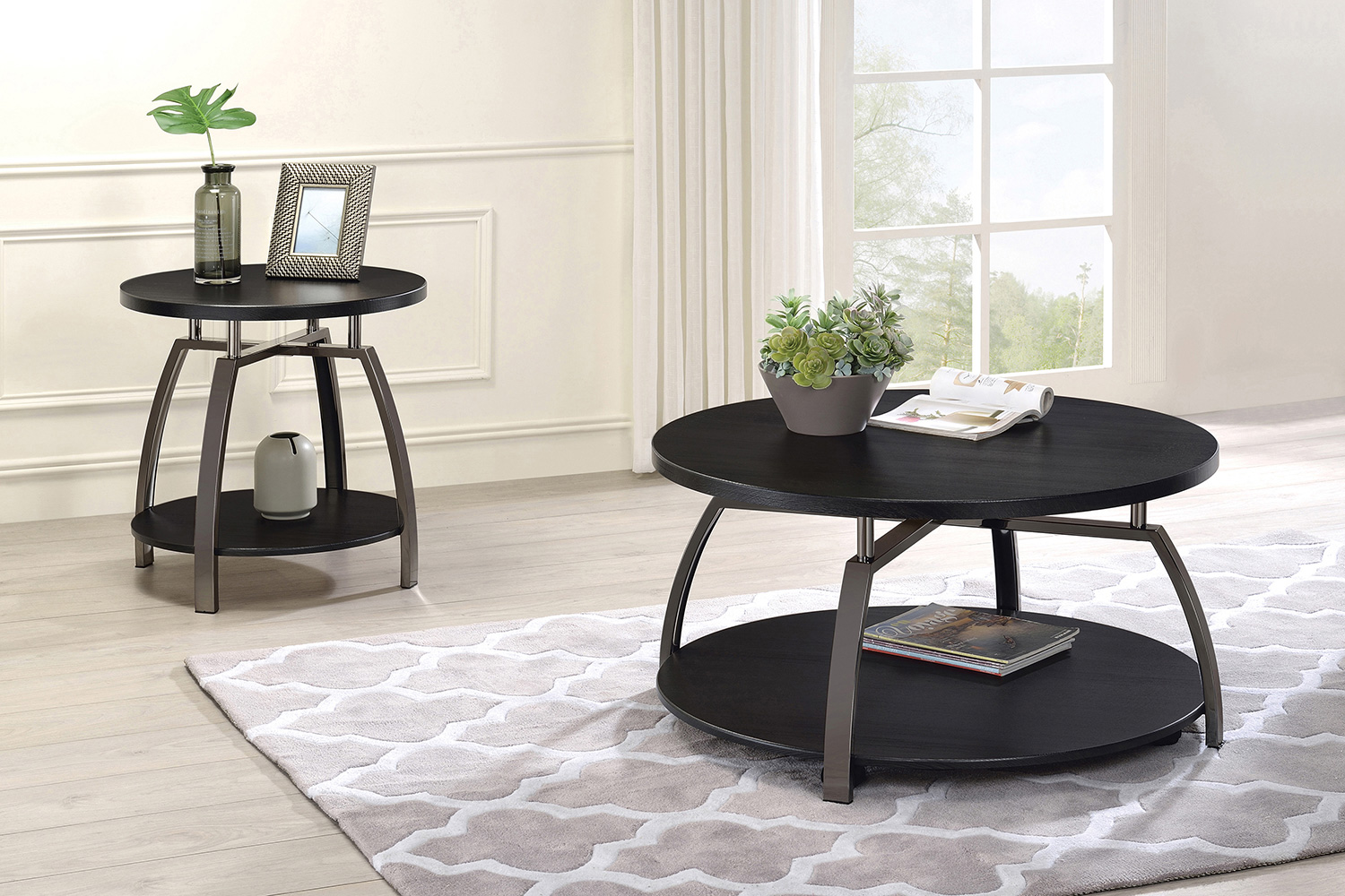 Coaster - Round Coffee Table in Dark Gray/Black Nickel