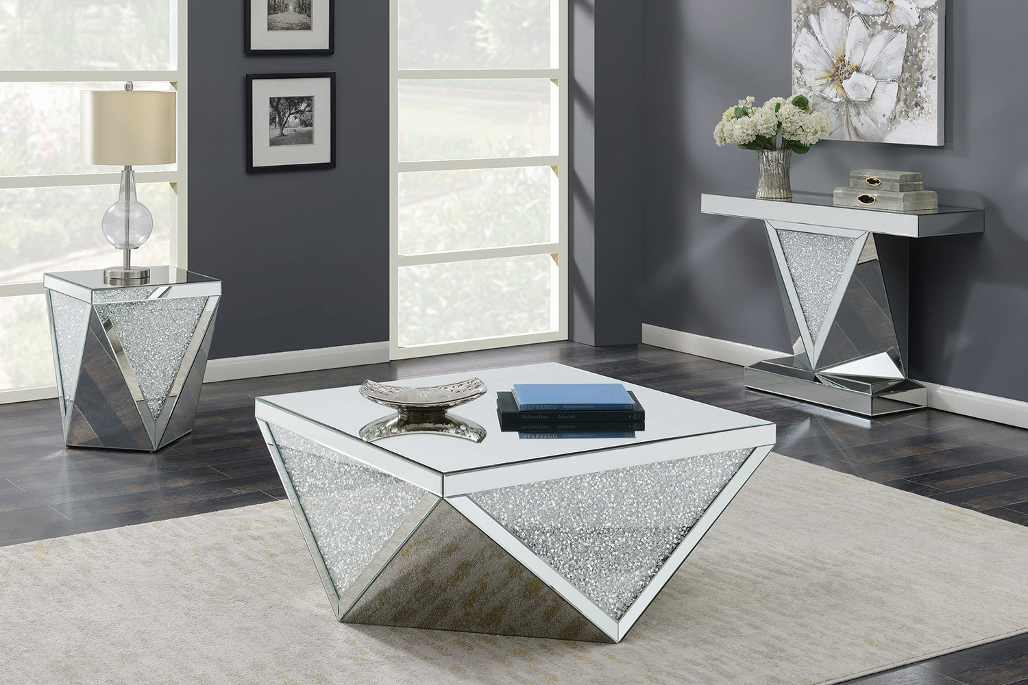 Coaster - Square End Table With Triangle Detailing in Silver/Clear Mirror