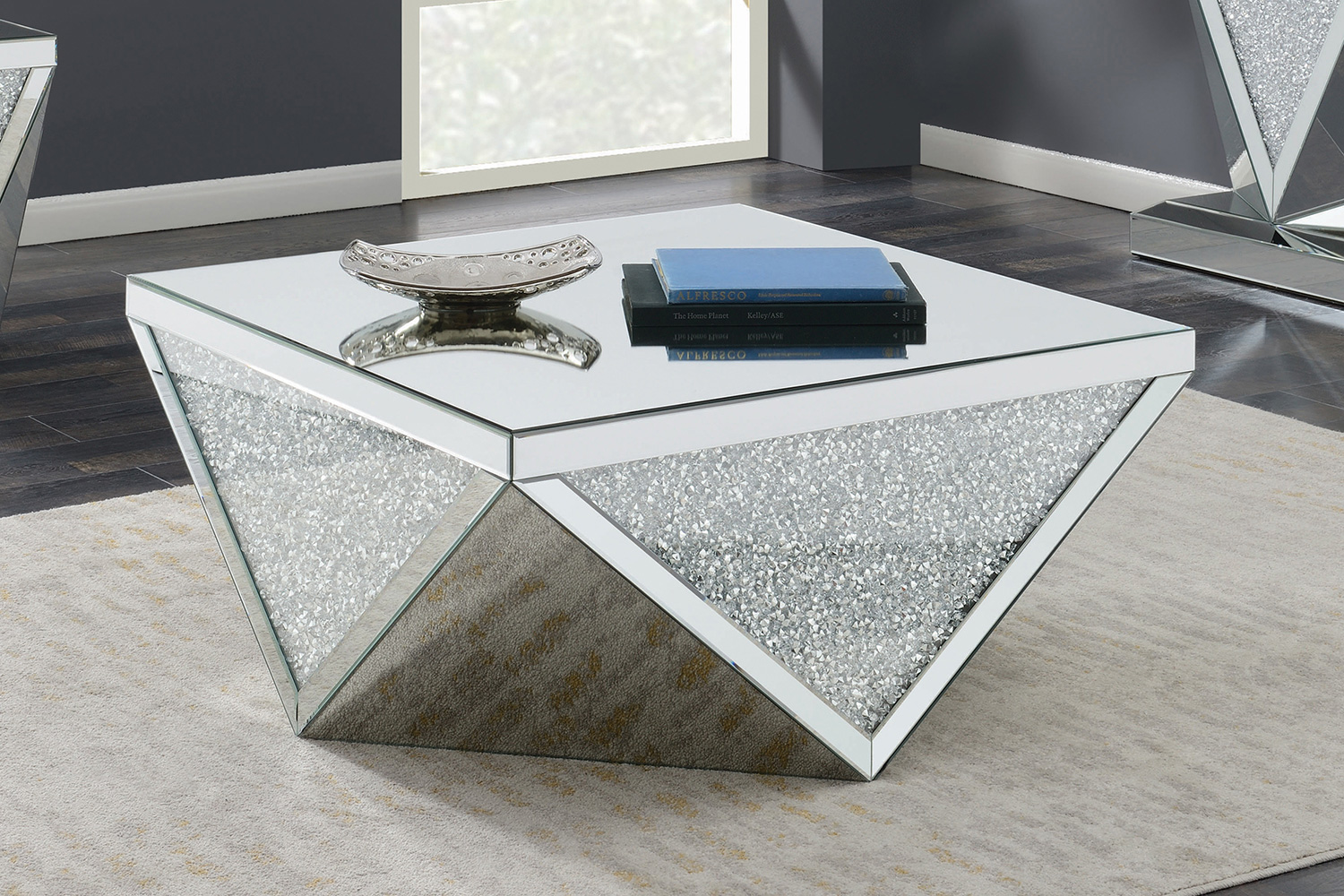 Coaster - Square Coffee Table With Triangle Detailing in Silver/Clear Mirror