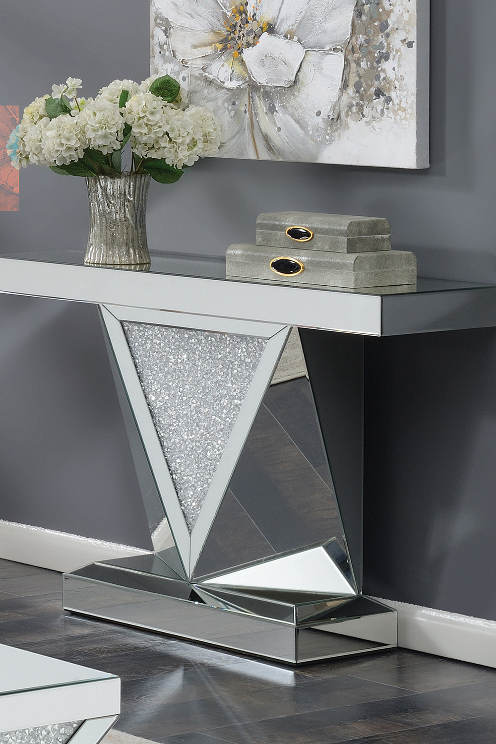 Coaster - Rectangular Sofa Table With Triangle Detailing in Silver/Clear Mirror