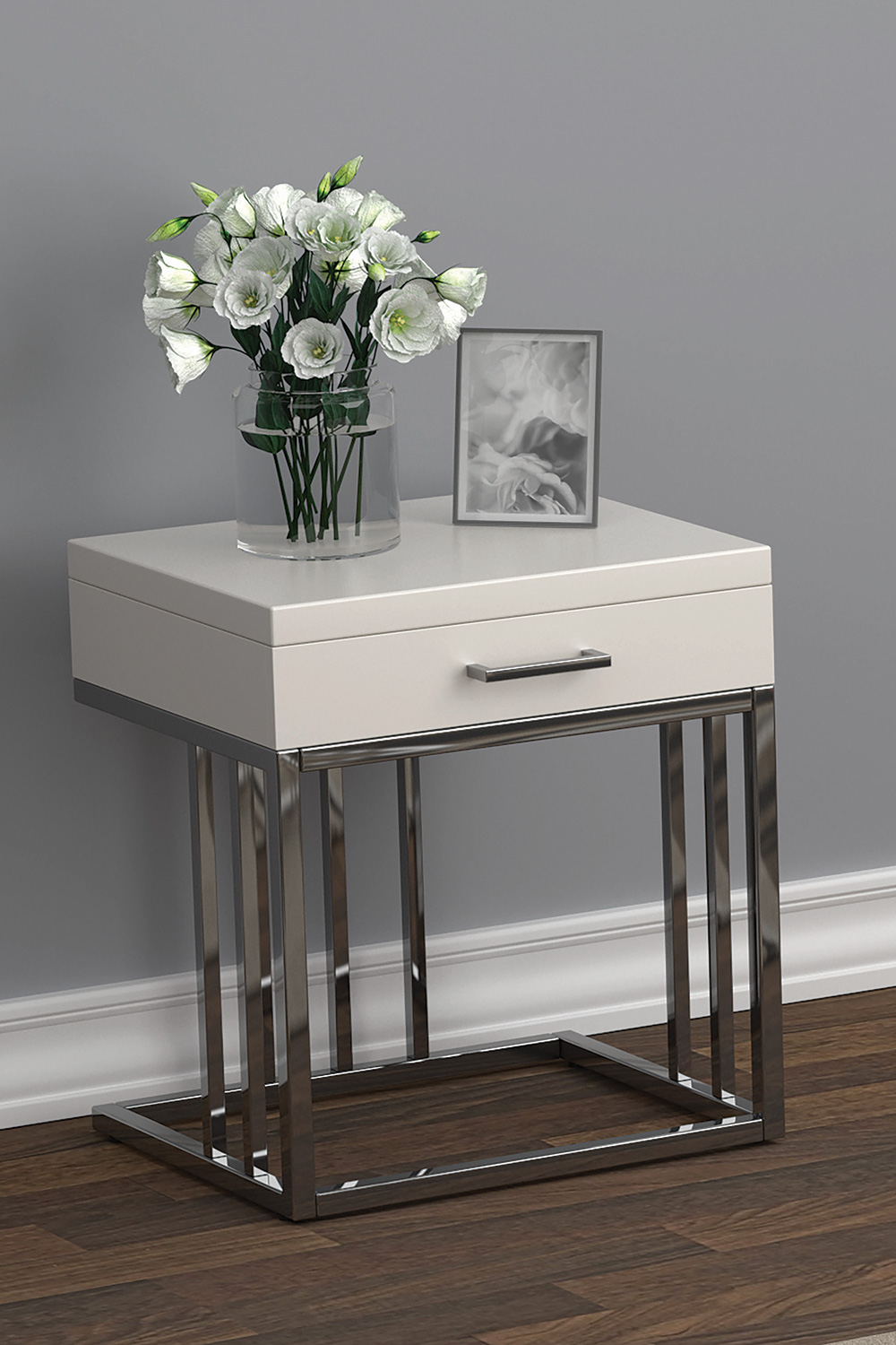 Coaster - 1-Drawer Rectangular End Table in Glossy White/Chrome