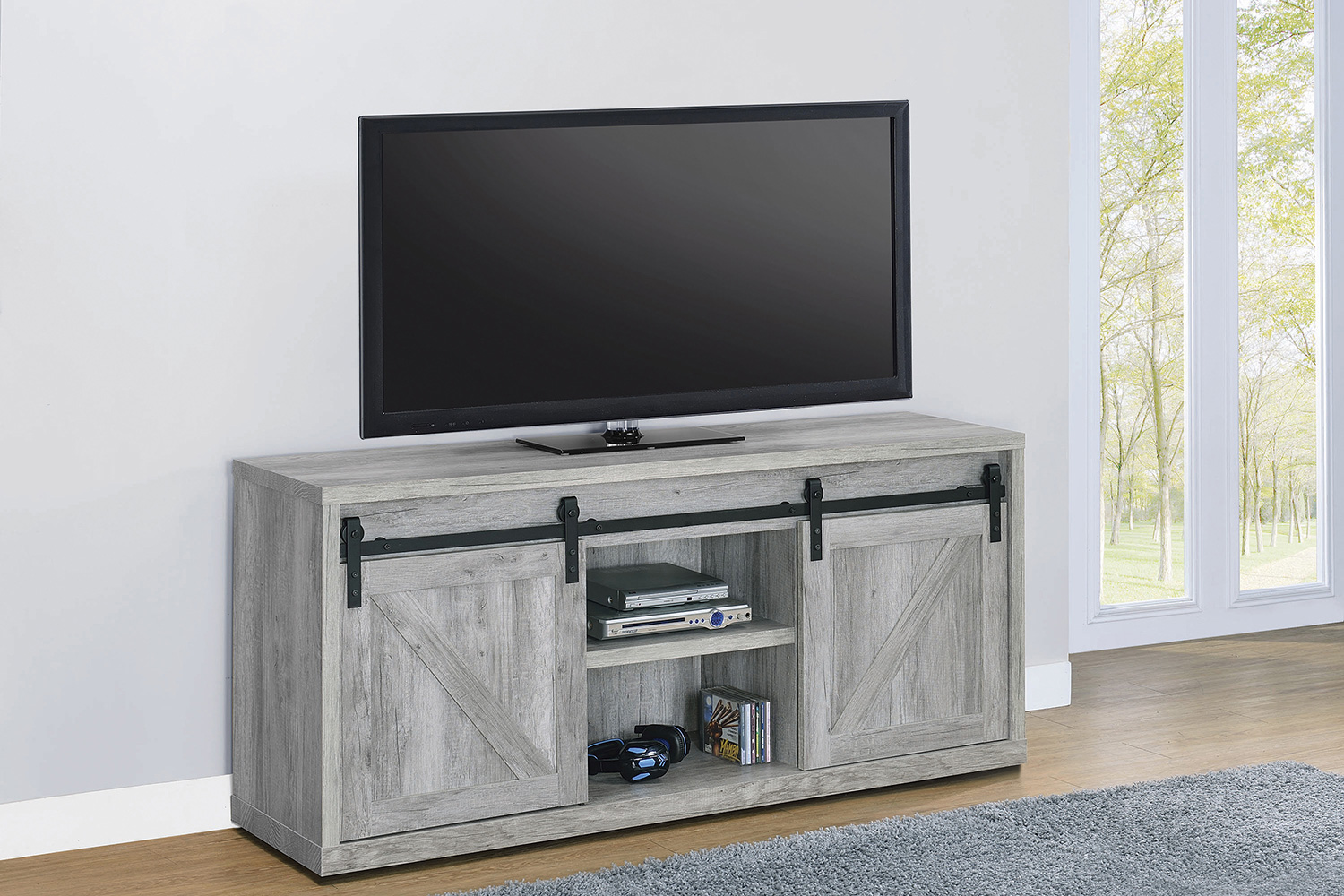 Coaster 59-Inch 3-Shelf Sliding Doors TV Console - Gray Driftwood