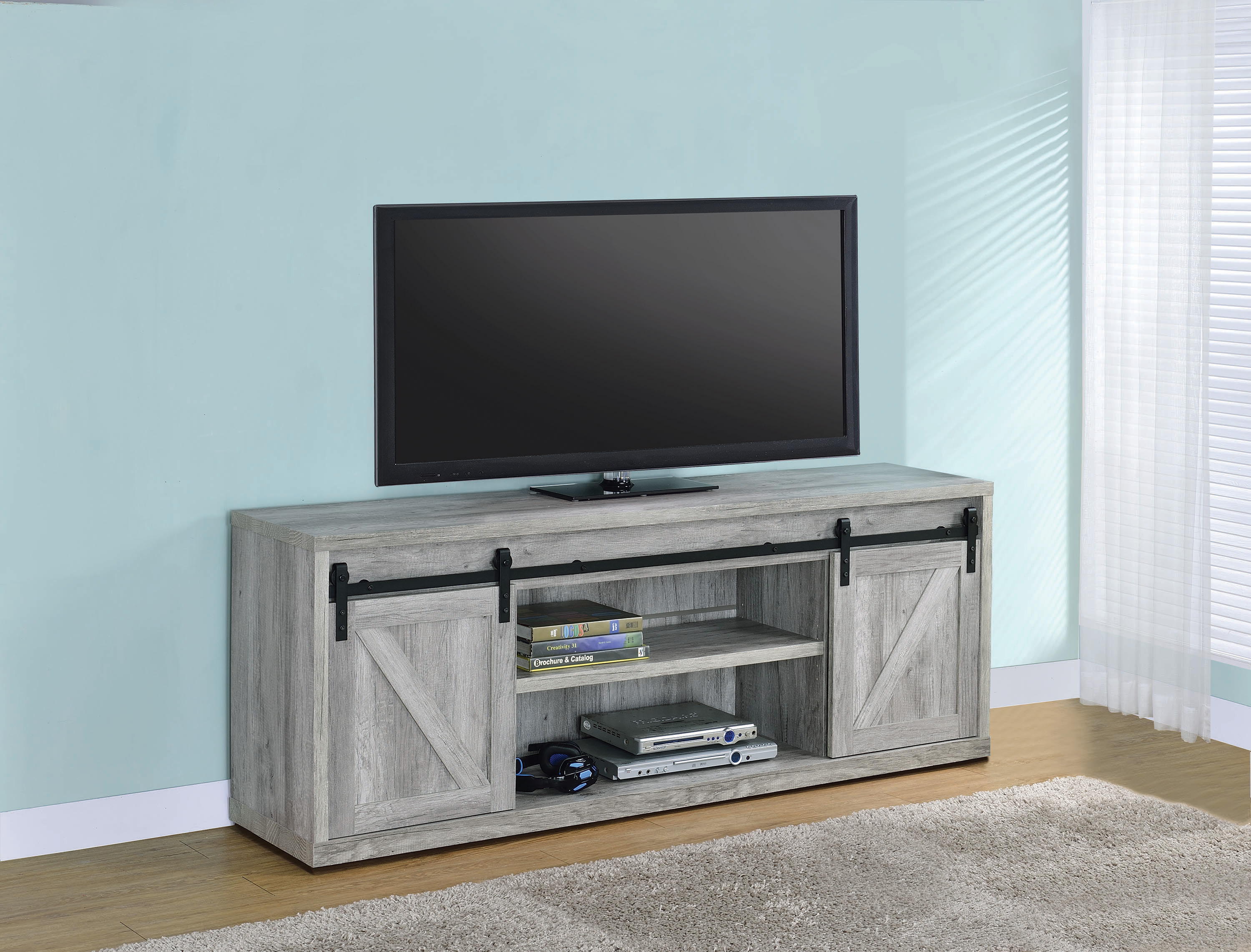 Coaster 71-Inch 3-Shelf Sliding Doors TV Console - Gray Driftwood