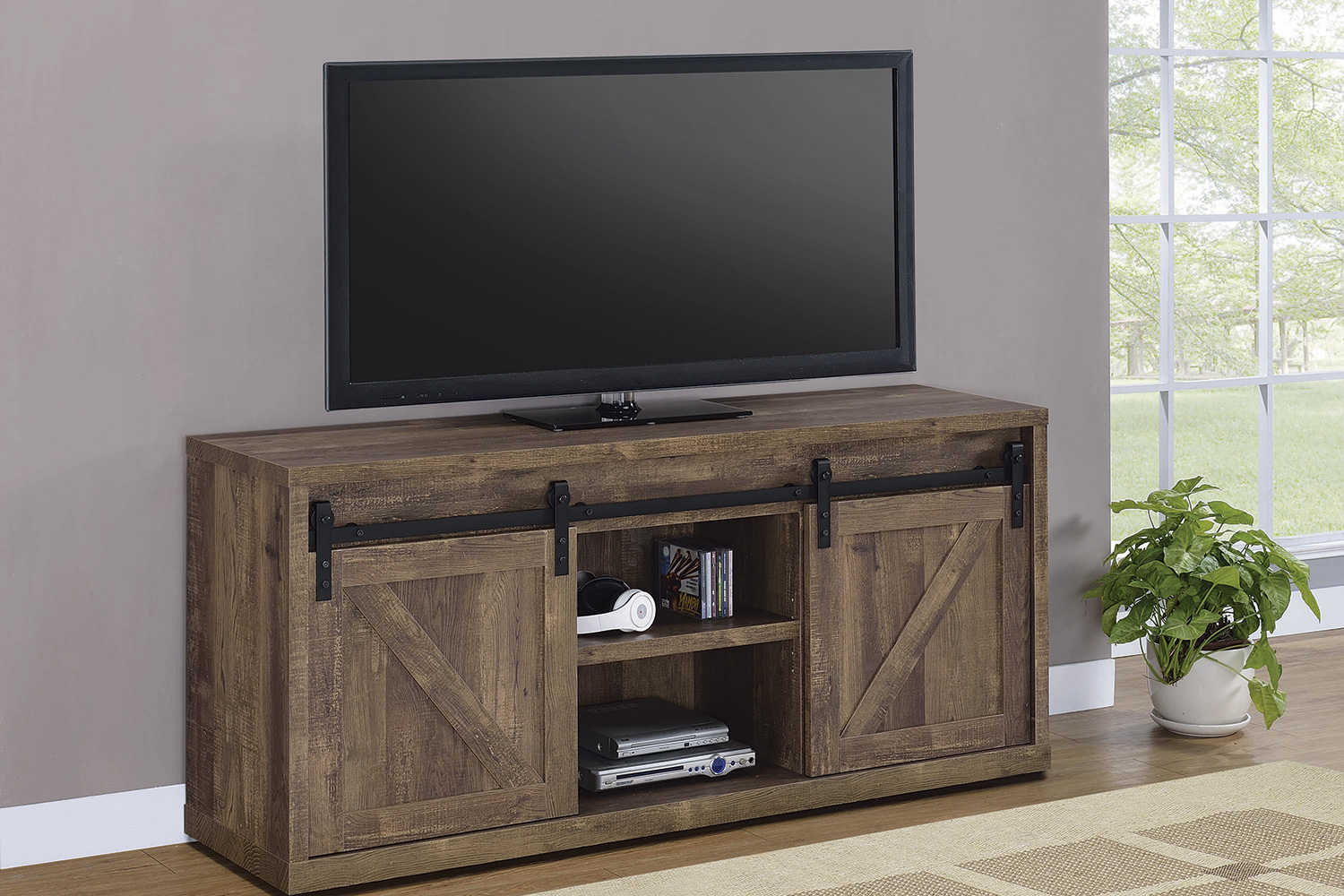 Coaster 59-Inch 3-Shelf Sliding Doors TV Console - Rustic Oak