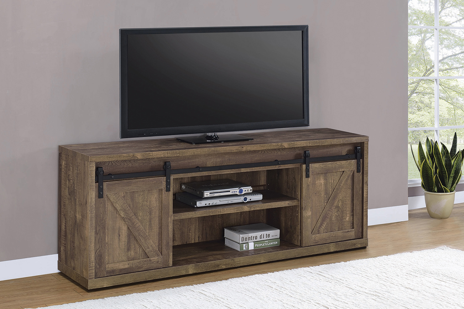 Coaster 71-Inch 3-Shelf Sliding Doors TV Console - Rustic Oak