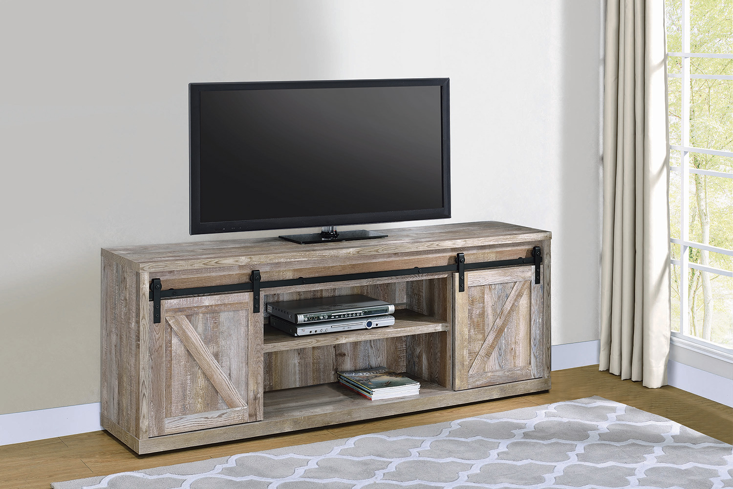 Coaster 71-Inch 3-Shelf Sliding Doors TV Console - Weathered Oak