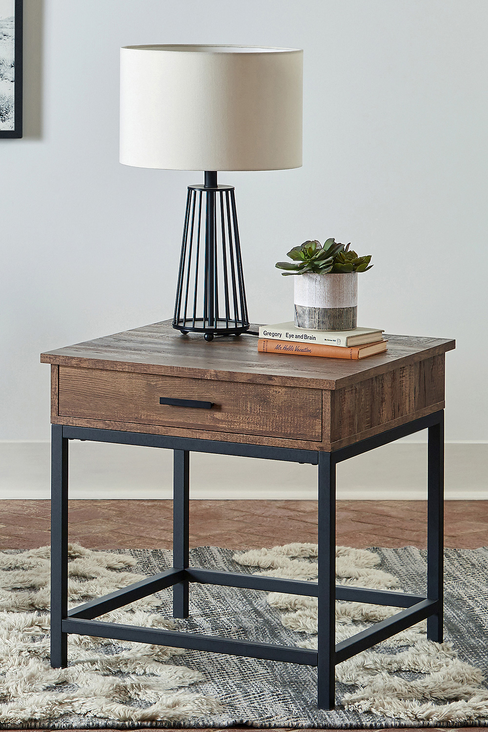 Coaster - Square 1-Drawer End Table in Brown Oak/Sandy Black