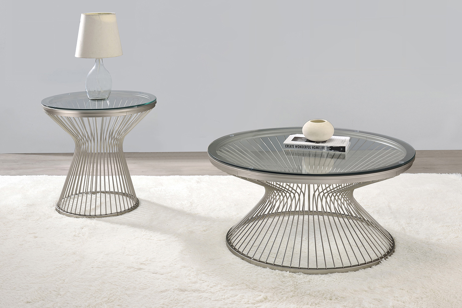 Coaster - Round Glass Top End Table in Satin Gray