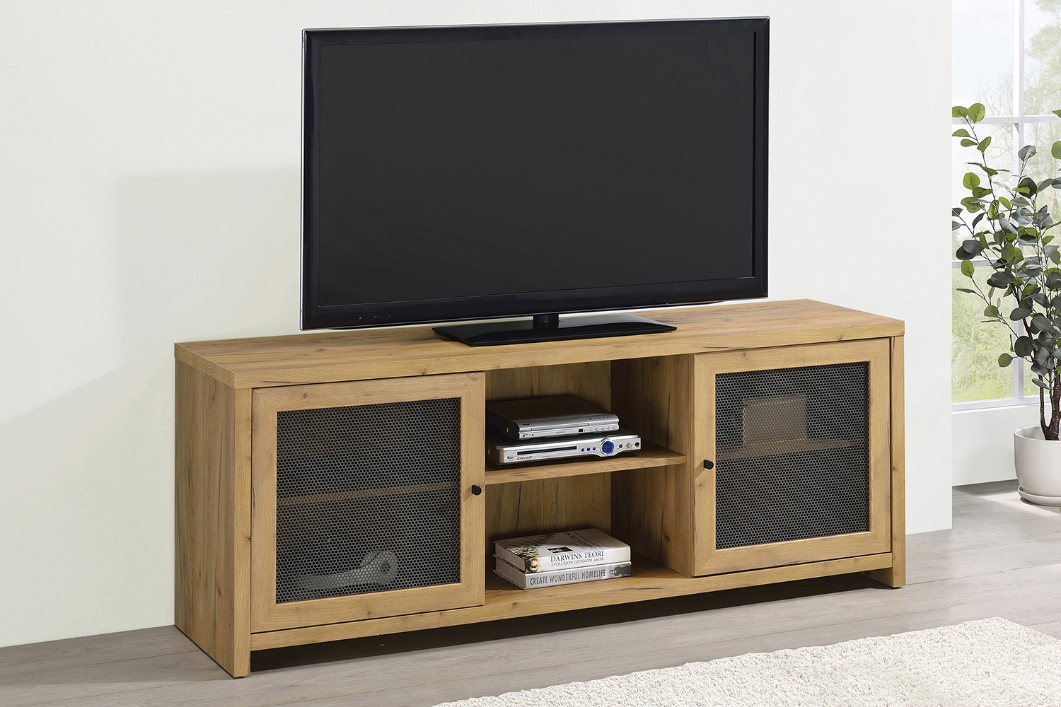 Coaster - Mesh Door Rectangular TV Console in Golden Oak/Gunmetal