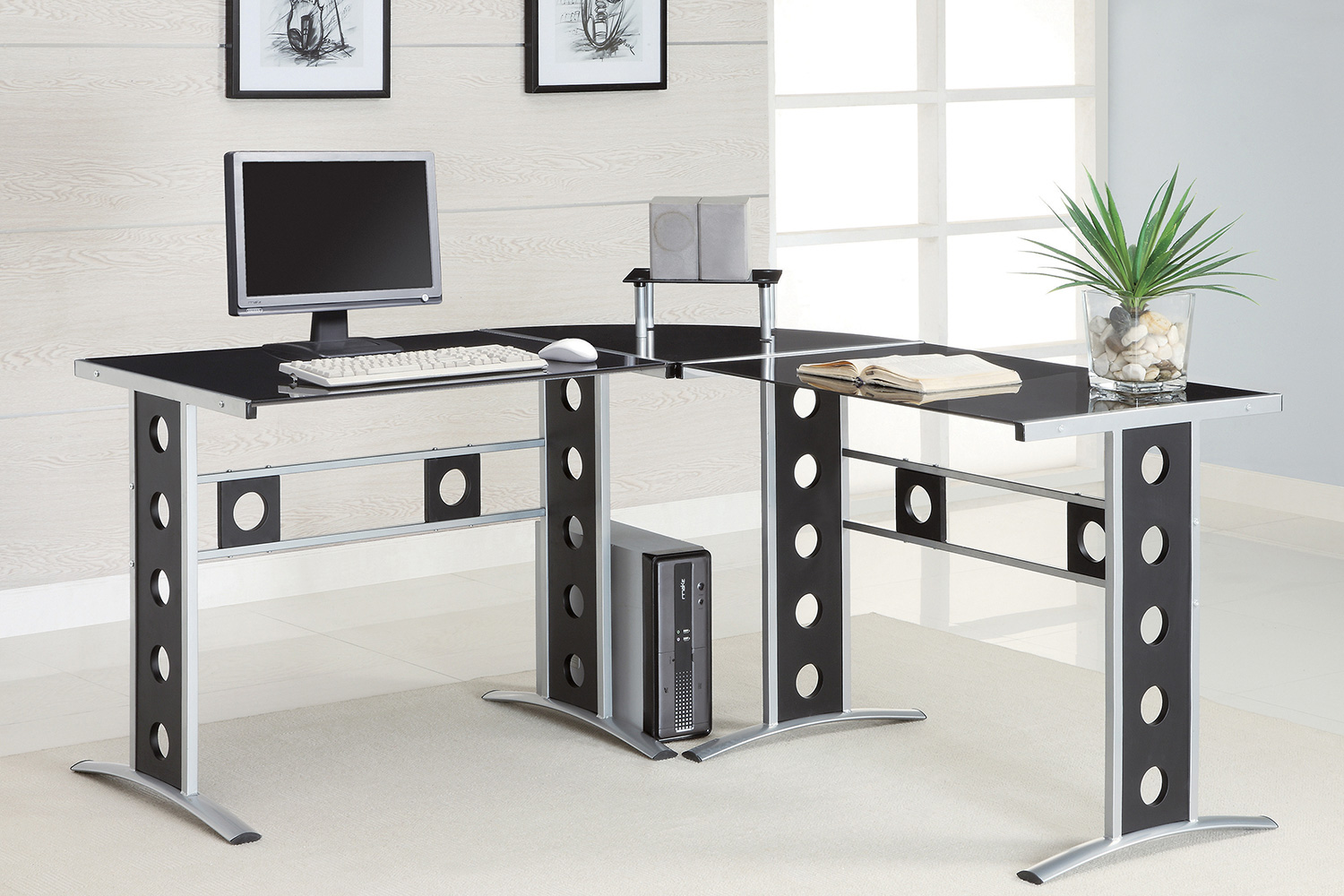 Coaster - Keizer 3-Piece L-Shape Office Desk Set in Black/Silver