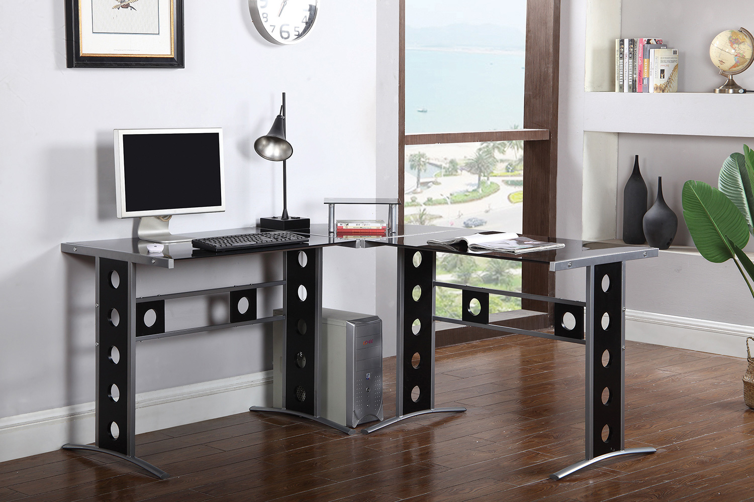 Coaster - Keizer 3-Piece L-Shape Office Desk Set in Black/Silver