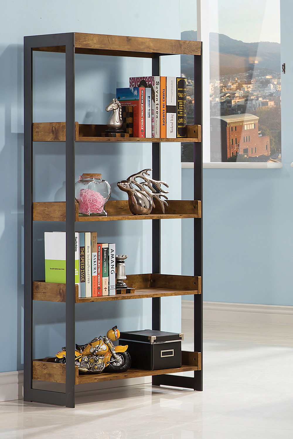 Coaster - Estrella 4-Shelf Bookcase in Antique Nutmeg/Gunmetal