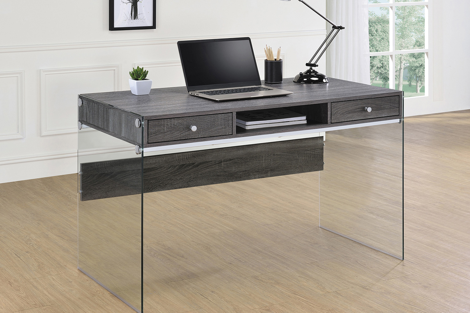 Coaster Dobrev 2-Drawer Writing Desk - Weathered Gray/Clear