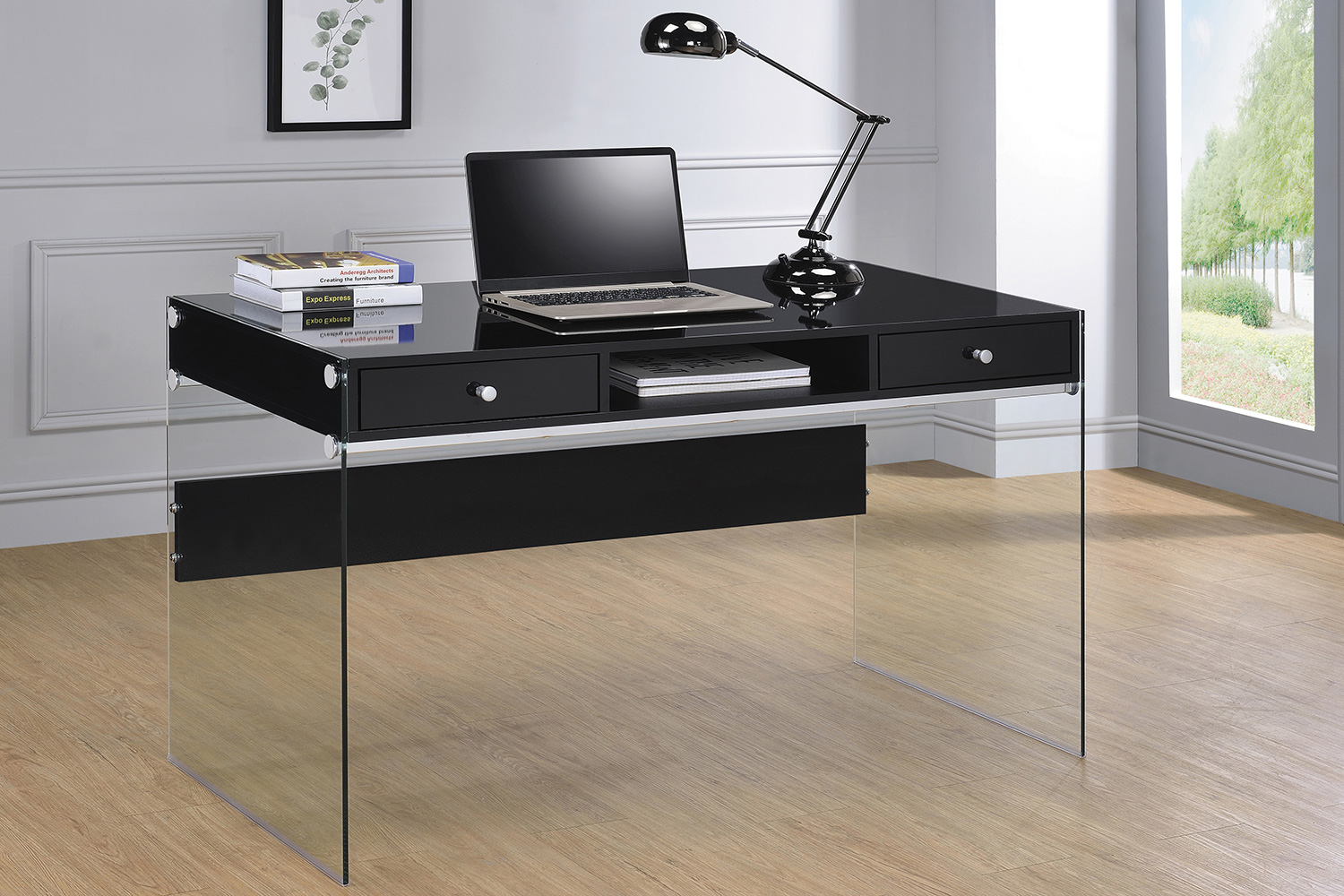 Coaster Dobrev 2-Drawer Writing Desk - Glossy Black/Clear