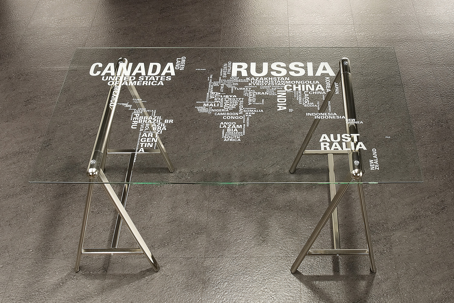 Coaster - Patton World Map Writing Desk in Nickel/Printed Clear