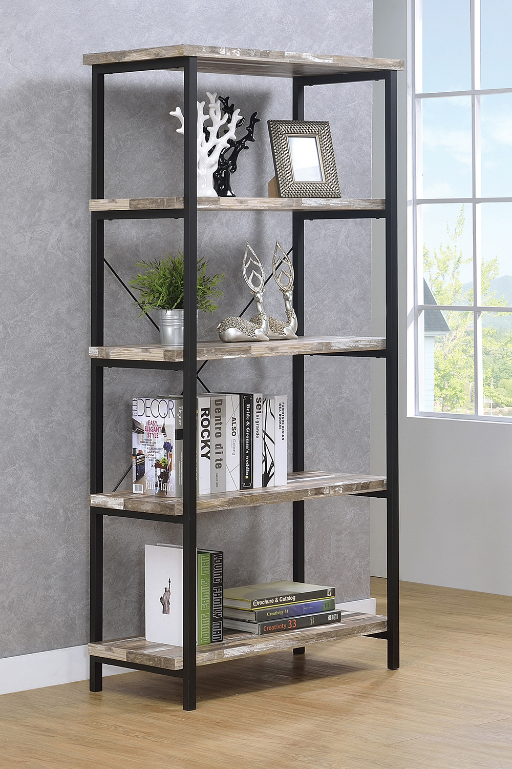 Coaster - Skelton 4-Shelf Bookcase in Salvaged Cabin/Black