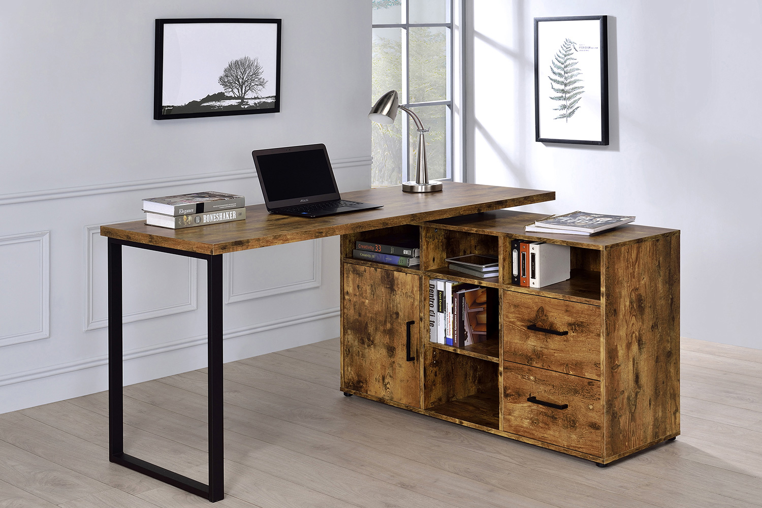 Coaster™ Hertford L-Shape Office Desk with Storage - Antique Nutmeg