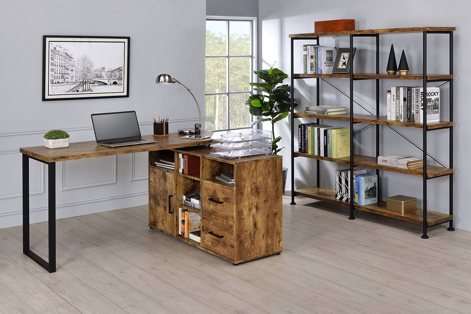 Coaster™ Hertford L-Shape Office Desk with Storage - Antique Nutmeg