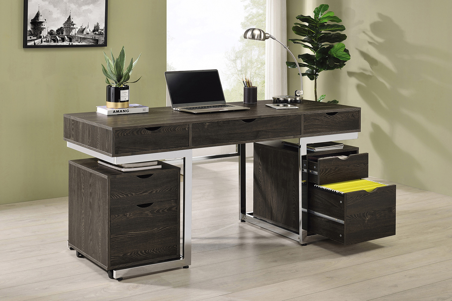 Coaster - Noorvik 3-Drawer Writing Desk in Dark Oak/Chrome