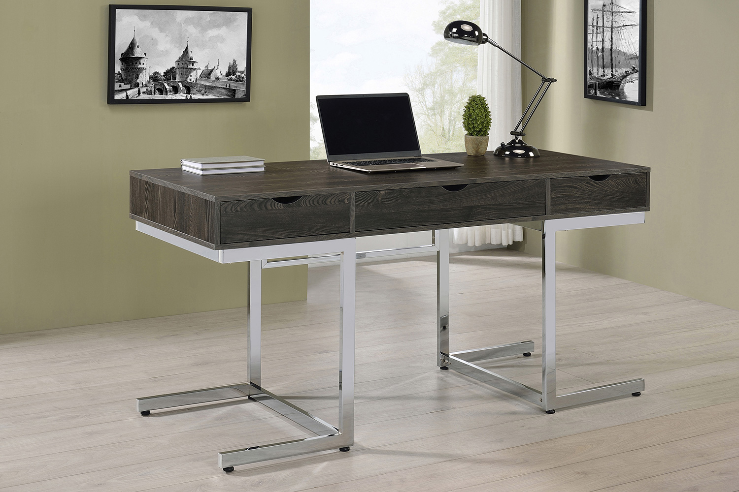 Coaster - Noorvik 3-Drawer Writing Desk in Dark Oak/Chrome