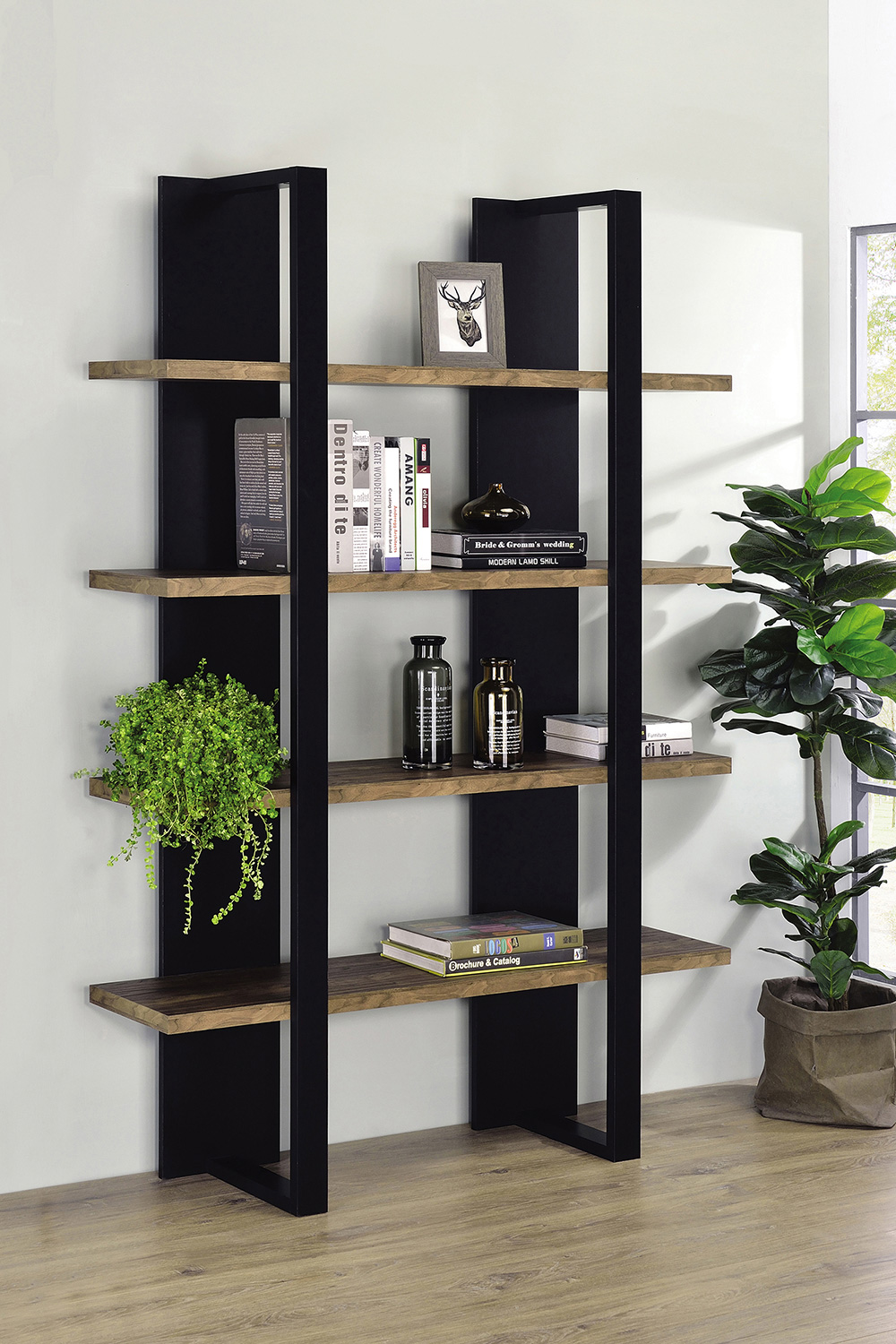 Coaster™ Danbrook Bookcase with 4 Full-Length Shelves - Black/Aged Walnut