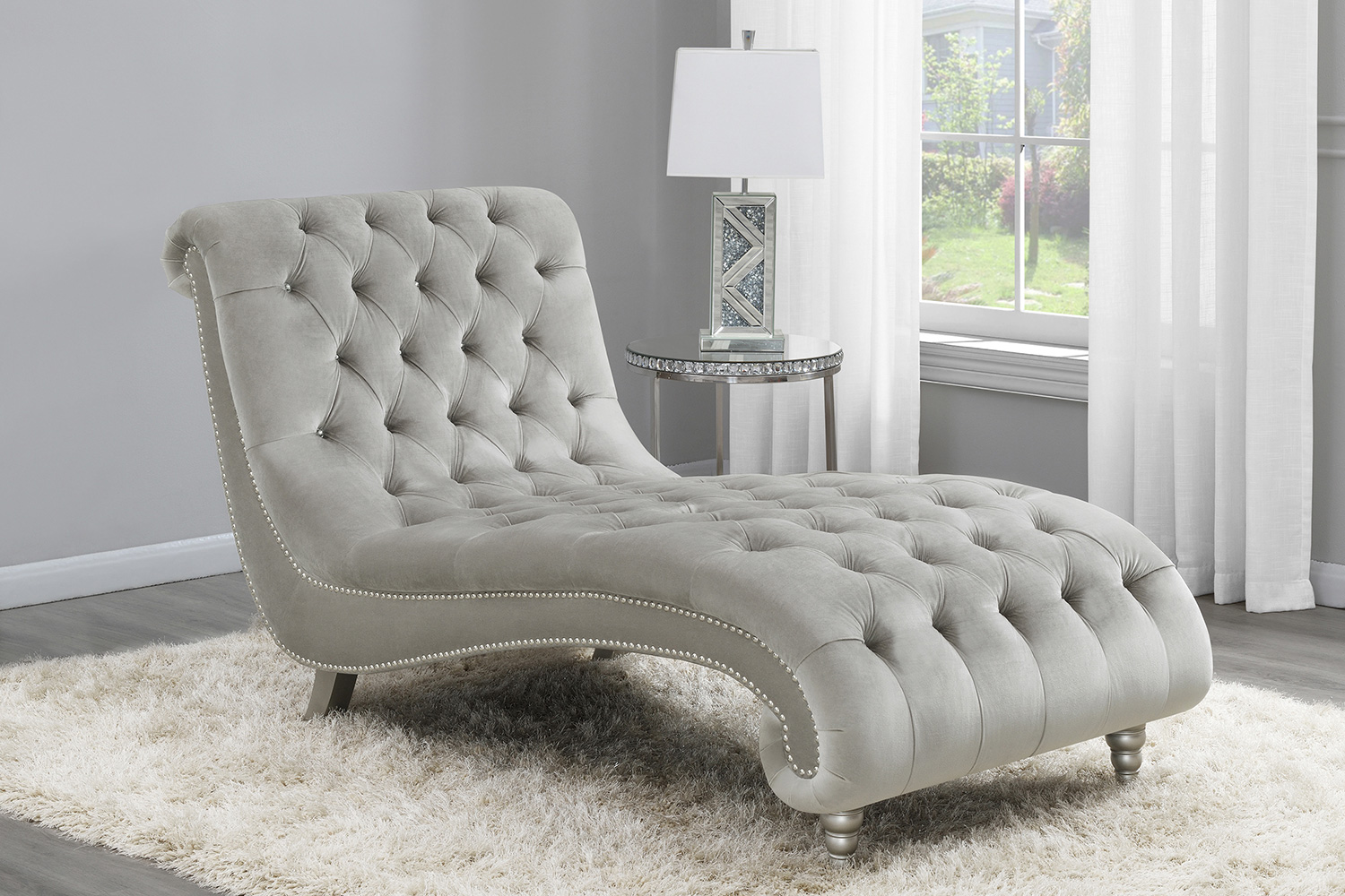 Coaster - Tufted Cushion Chaise With Nailhead Trim in Gray