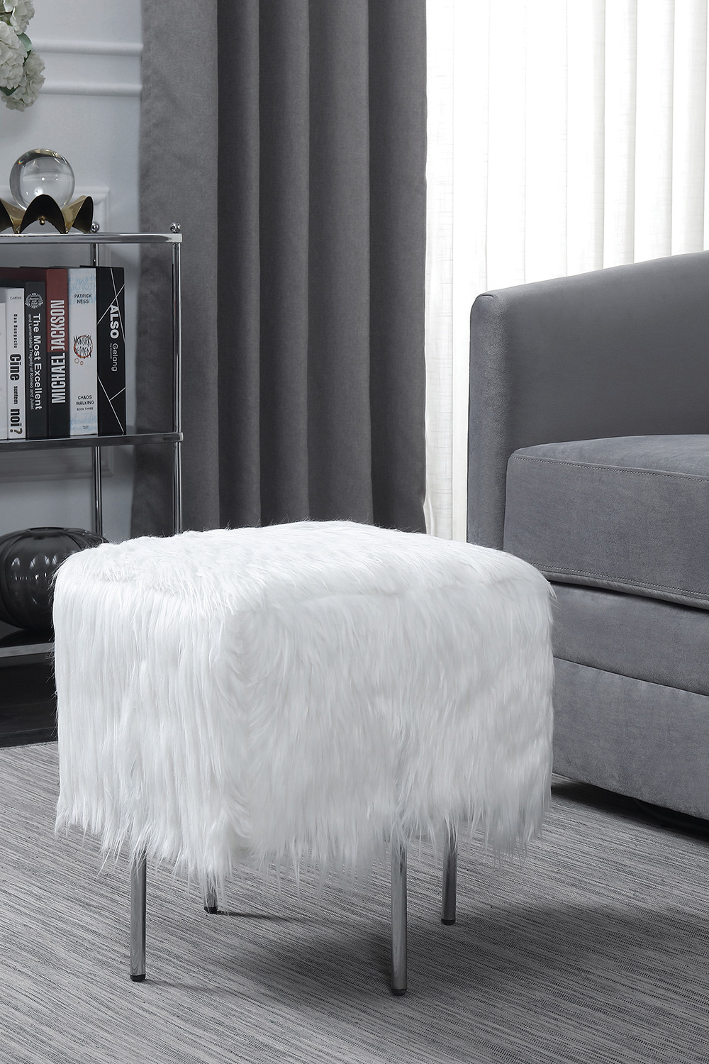 Coaster™ Faux Sheepskin Square Ottoman - White