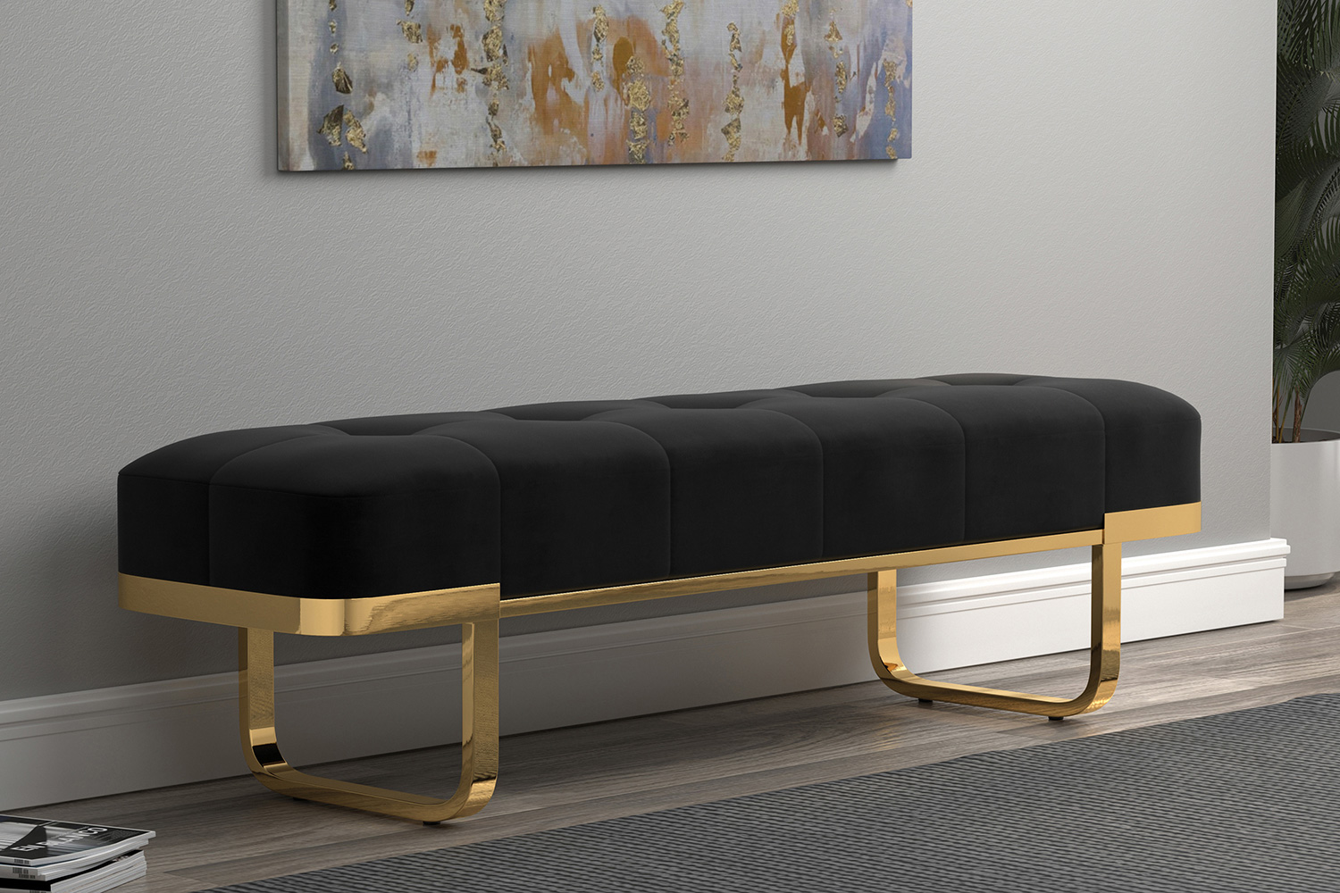 Coaster Tufted Upholstered Bench - Black/Brass