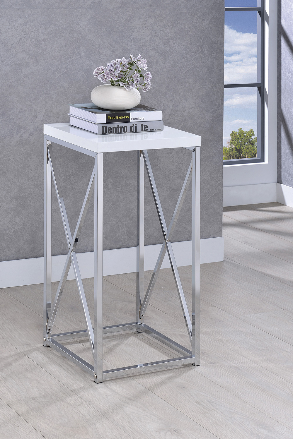 Coaster - Accent Table With X-Cross in Glossy White/Chrome