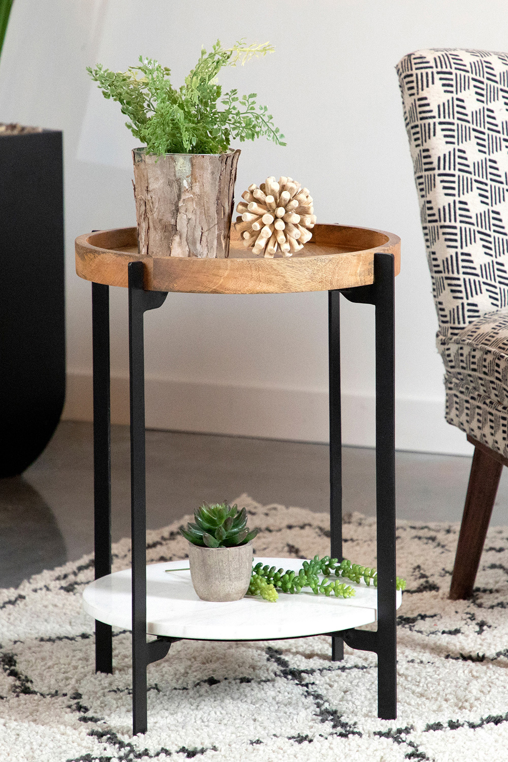 Coaster - Round Accent Table With Marble Shelf in Natural/Black