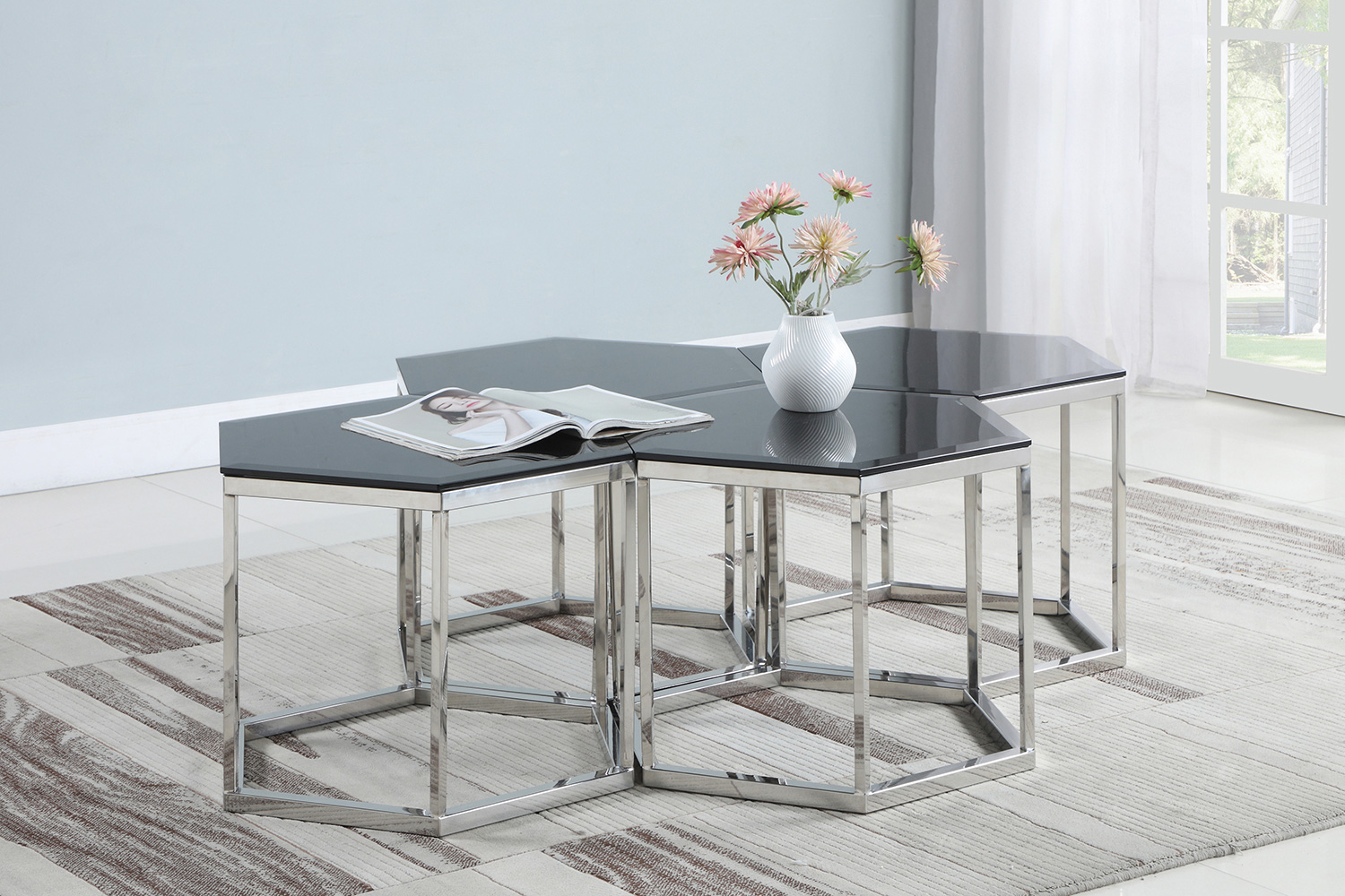 Coaster Hexagon Glass Top Accent Table - Black/Silver