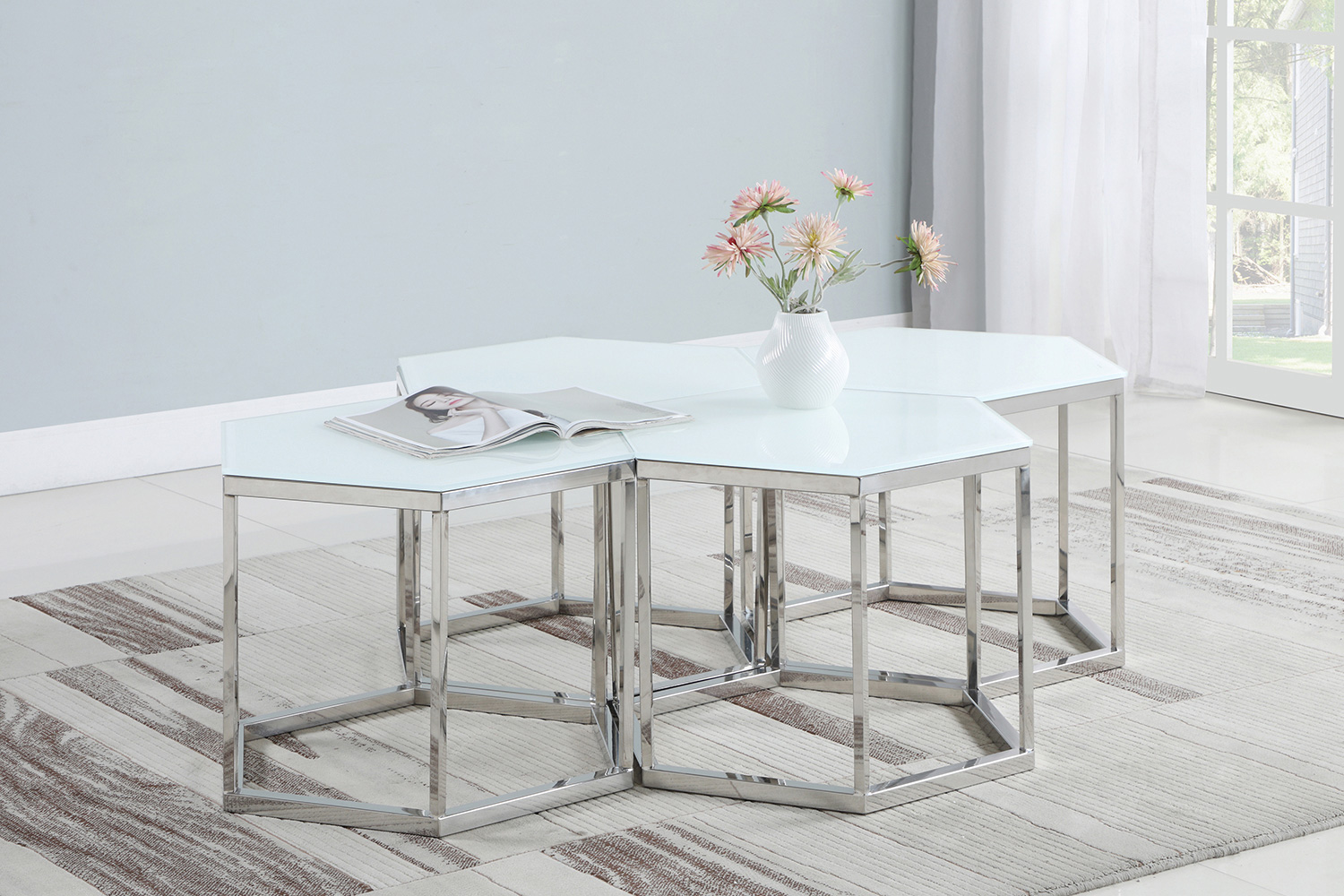 Coaster Hexagon Glass Top Accent Table - White/Silver