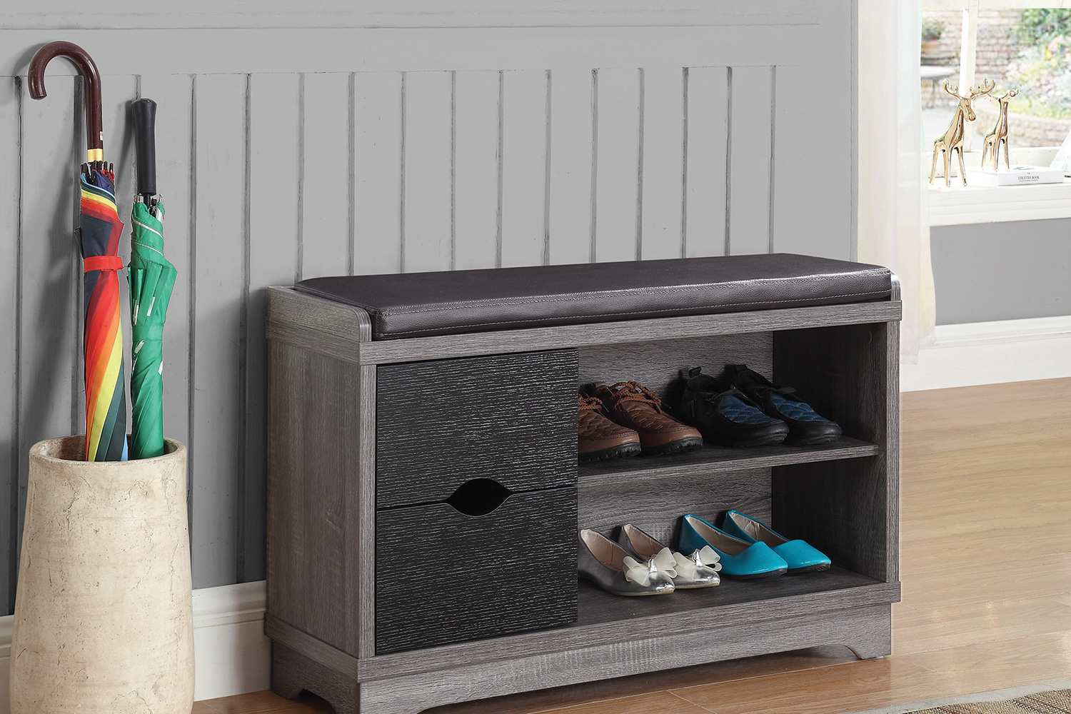 Coaster - 2-Drawer Storage Bench in Medium Brown/Black