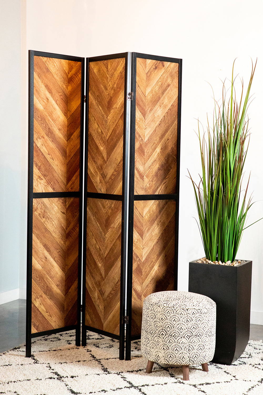 Coaster - Herringbone Pattern 3-Panel Screen in Rustic Tobacco/Black