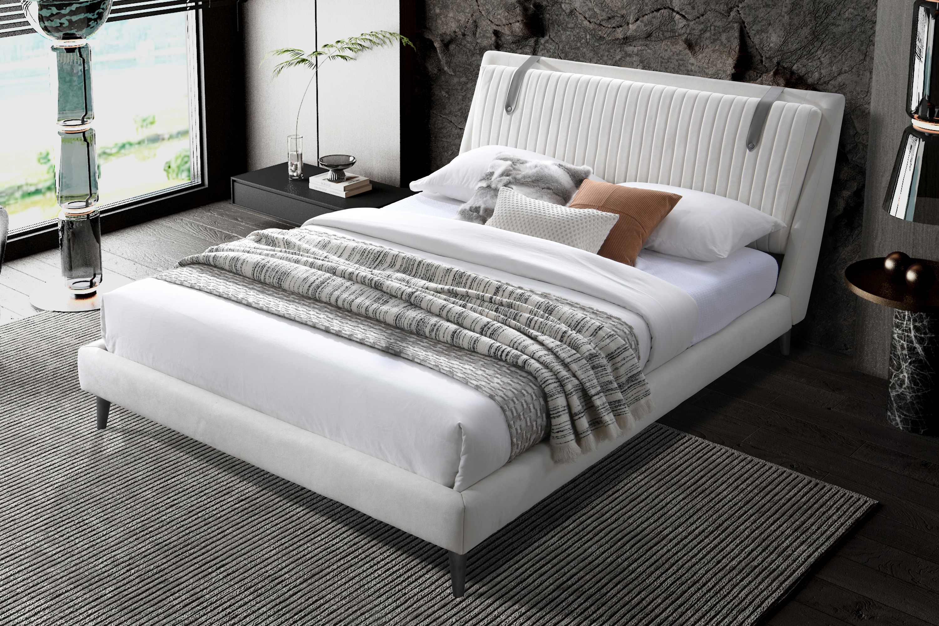 Contempo™ Camila Upholstered King Size Bed - Off White/Sand, Fabric/Polyurethane