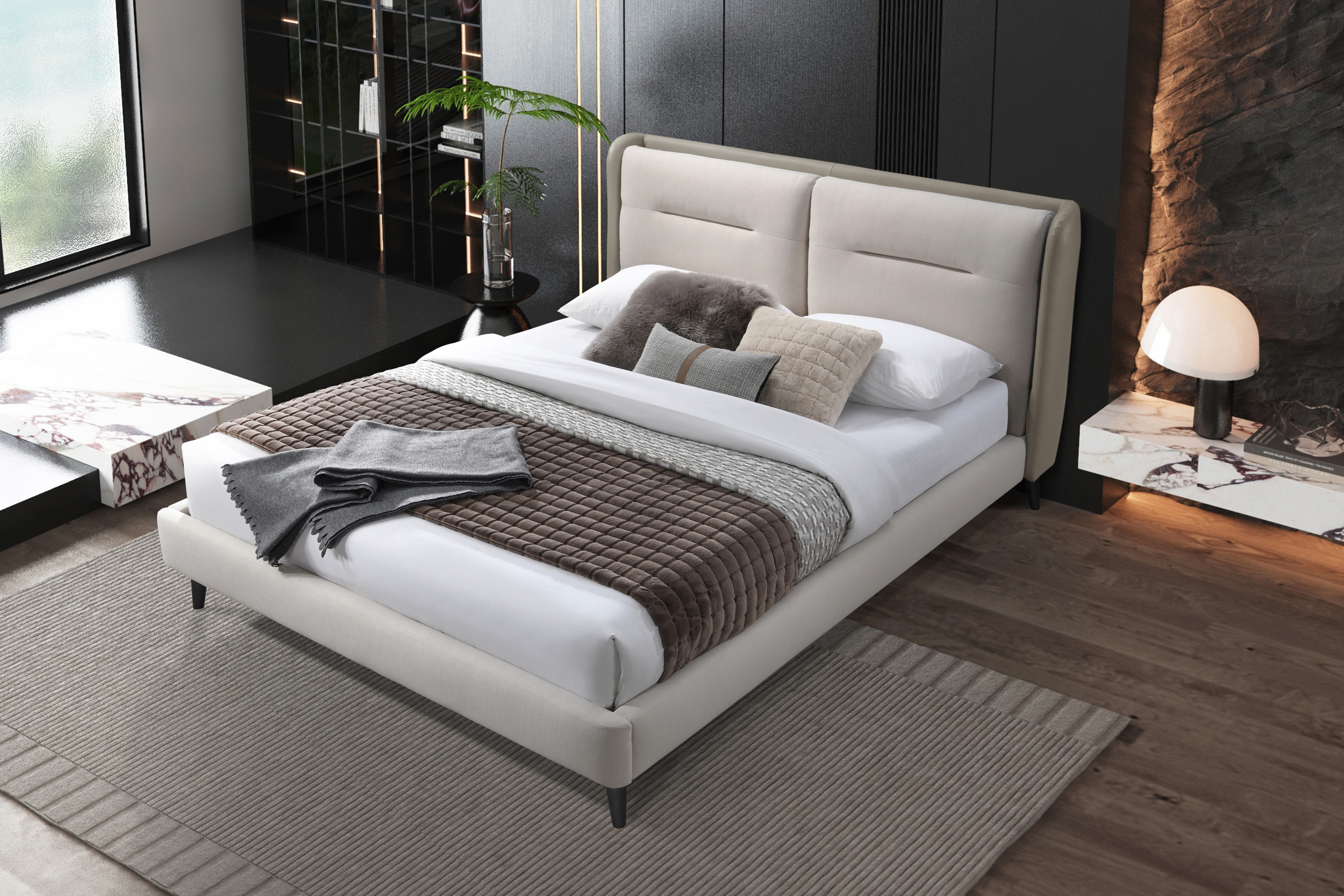 Contempo™ Serena Upholstered King Size Bed - Oatmeal/Cooper, Fabric/Polyurethane