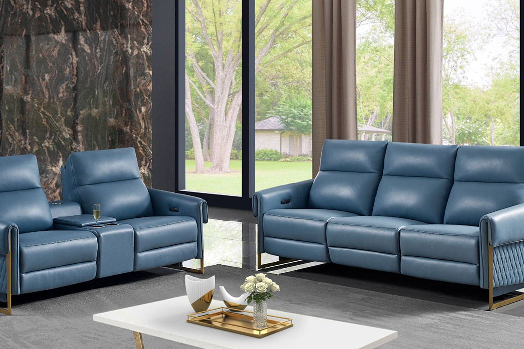 Creative™ Alice Loveseat with Two Recliners - Blue, Leather