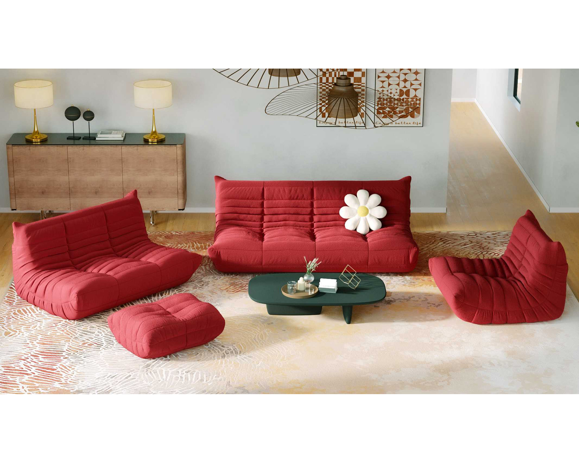 Crenus 34.25" Caterpillar Sofa Chair - Red, Teddy Velvet