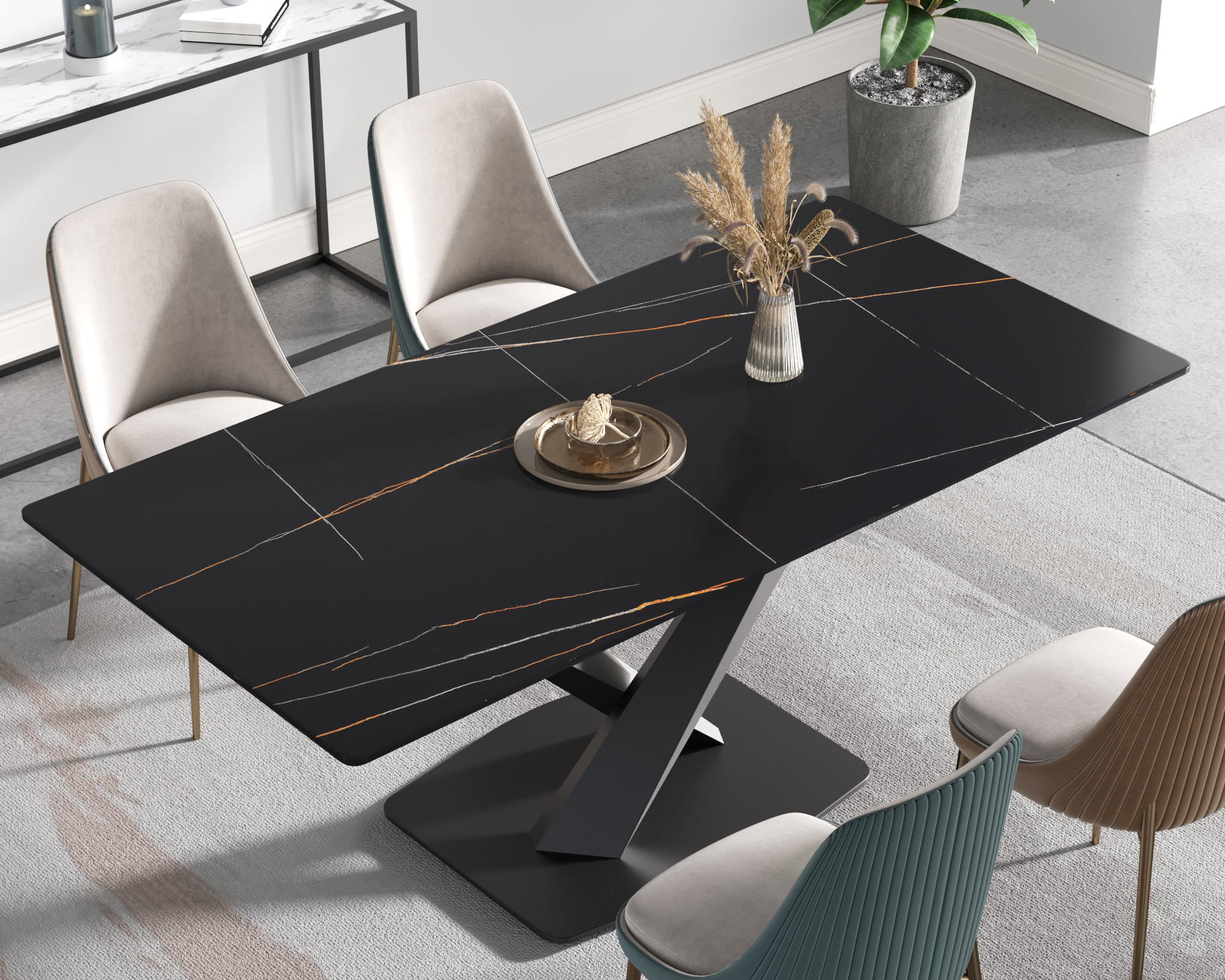 Crenus Pietra Rectangular Dining Table - Black/Gold, 63"