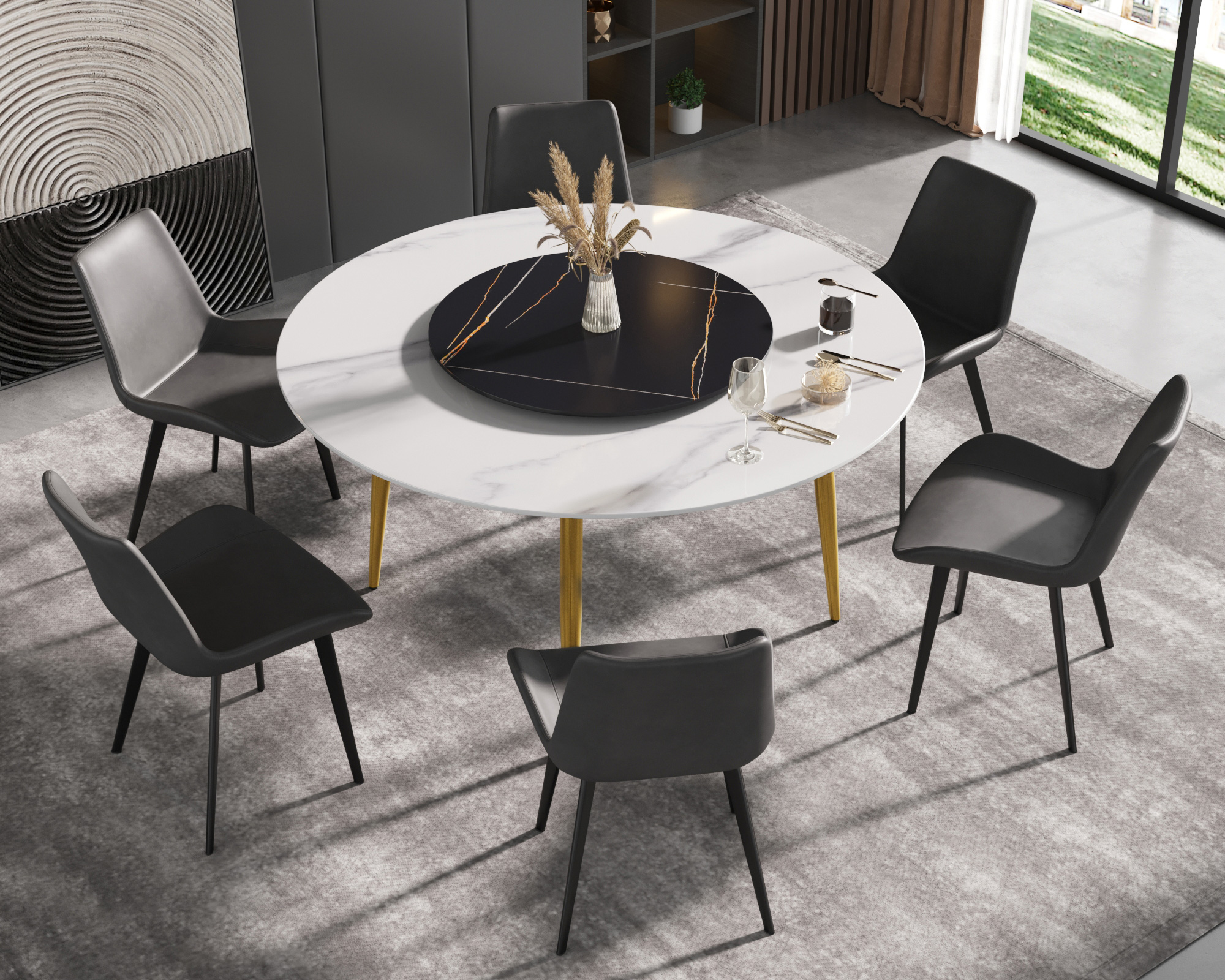 Crenus - Round Dining Table with Black Lazy Susan