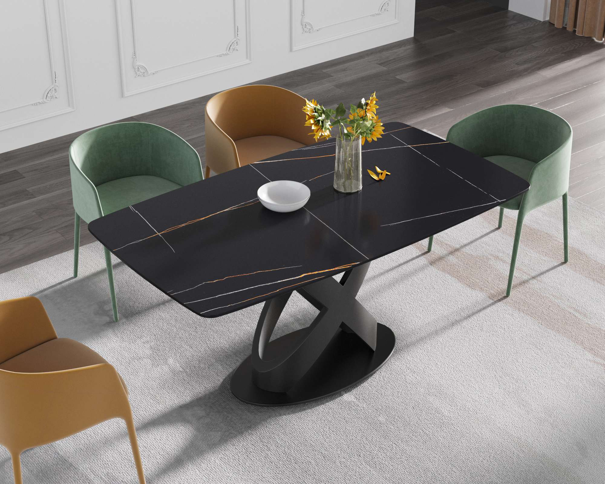 Crenus Luserna Curved Rectangular Dining Table - Black/Gold, 63"