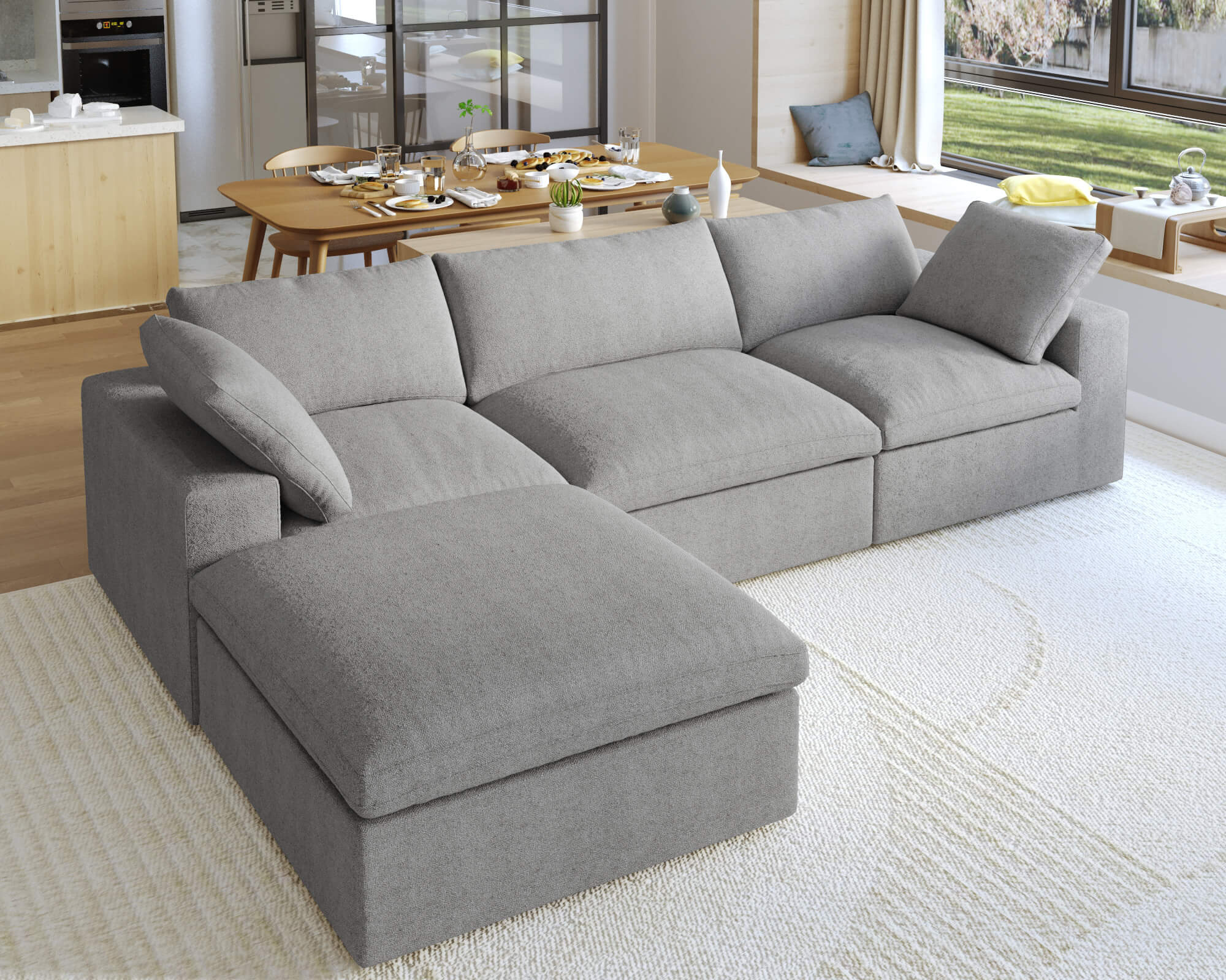 Crenus Cloud 120.45" Sectional Sofa-L Shaped with Ottoman Removable Sofa Cover - White