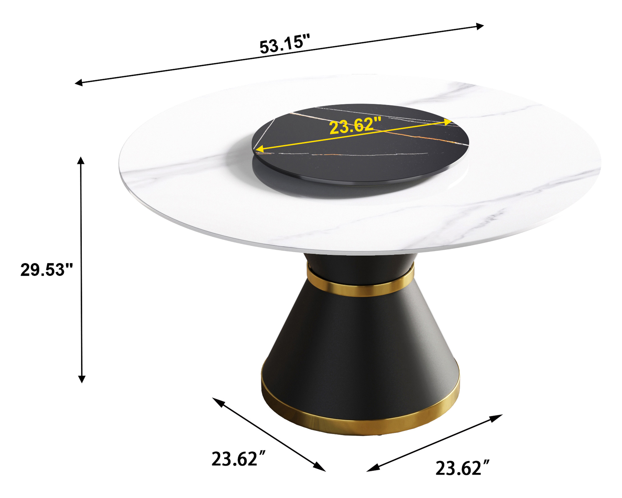 Crenus Raffinata Round Dining Table with Black Lazy Susan - White/Black, 59.05”