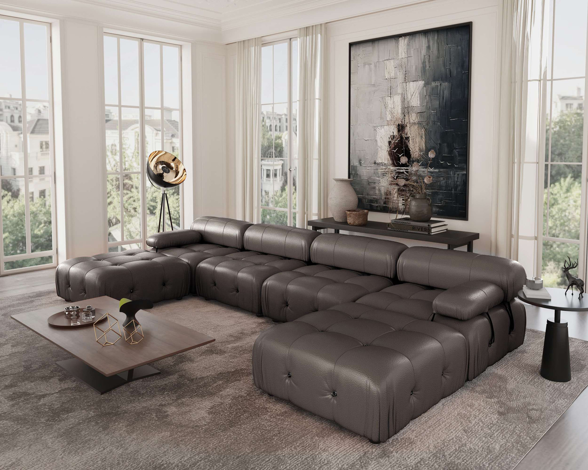 Crenus Lusso 138.60" U-Shaped Leather Sectional Sofa Lounge With 2 Ottomans - Brown