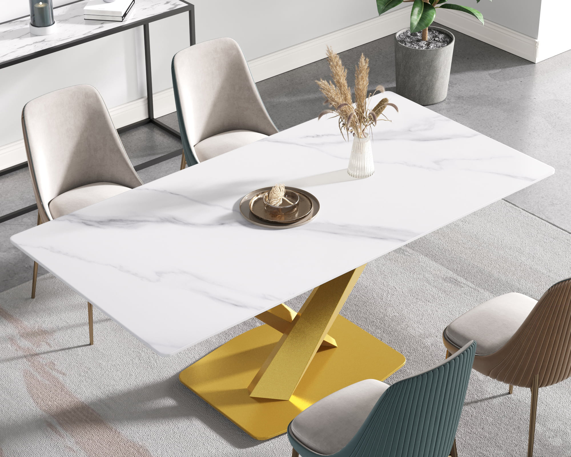 Crenus Pietra Rectangular Dining Table - White/Gold, 63"